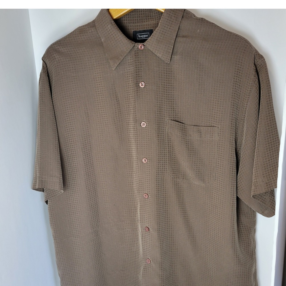 Haggar Performance Wear Mens Large Brown Grid Textured Short Sleeve Button Shirt